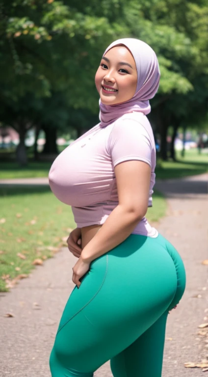 masterpiece, high quality photos, detailed photos, beautiful chubby Malay woman wearing a hijab, has super plump breasts, wearing a tight t-shirt, sexy leggings, big buttocks, posing smiling in the park, detailed body description, detailed facial descripti...