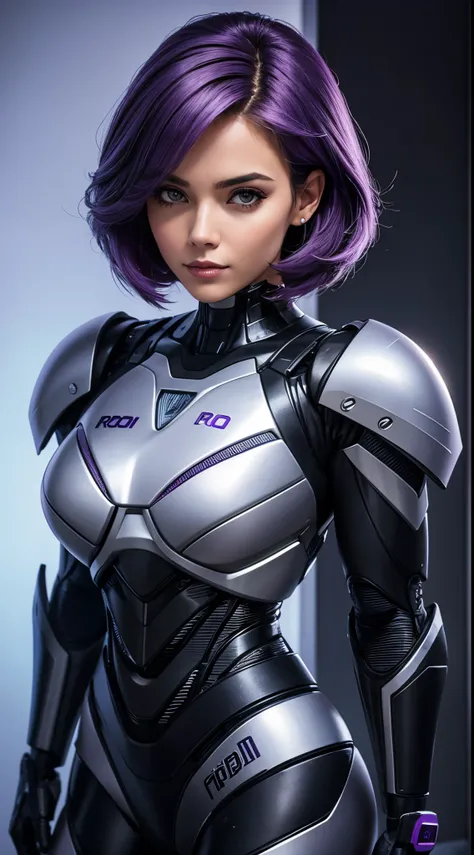 Uma linda mulher de cabelos roxo como robocop