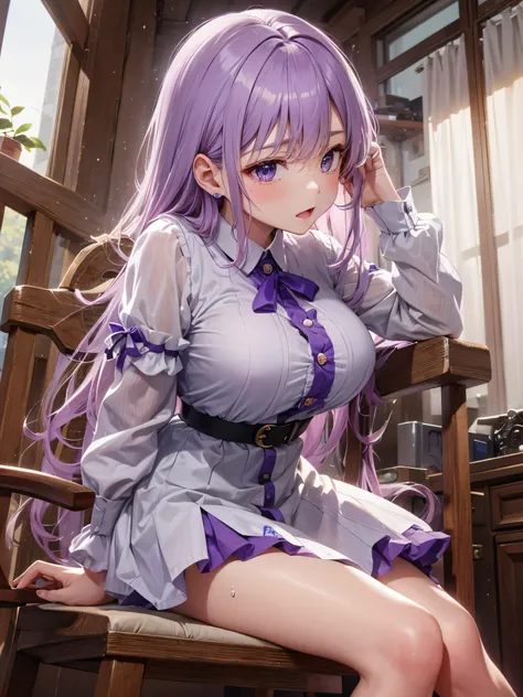 Bright red fancy cut shirt with crisp buttons、the long hair you dream of、hair color is light purple、sitting on chair with spreading legs、full body Esbian、Perfect purple eyes that everyone envy，Perfect purple eyes that everyone envy、rounded thighs，Black min...