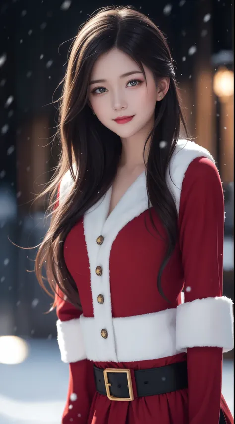 (Aesthetic, High Resolution: 1.2), full-body portrait of a beautiful 20-year-old woman wearing an intricately detailed red boby Santa Claus costume, symmetrical costume structure, bright clear eyes, happy smile, changing hairstyle, falling snow, snow in ha...