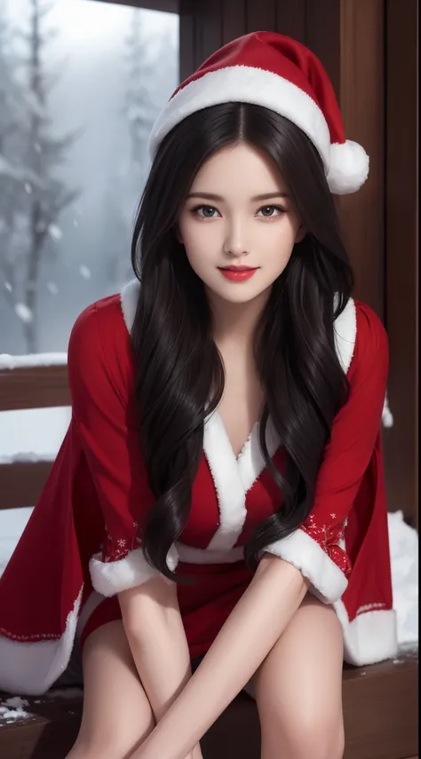 (Aesthetic, High Resolution: 1.2), full-body portrait of a beautiful 20-year-old woman wearing an intricately detailed red boby Santa Claus costume, symmetrical costume structure, bright clear eyes, happy smile, changing hairstyle, falling snow, snow in ha...