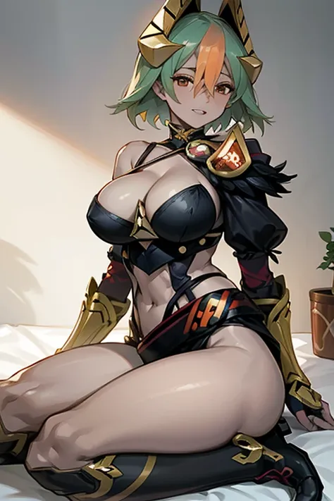 laegjarn fe, belt, gloves, fingerless gloves, armor, headband, shoulder armor, pauldrons, bandana, pants, boots,(pechos enormes:2), big breast, voluptuosa, vista de frente, acostada sobre la cama, bodysuit, big clevage, muslos gruesos, caderas anchas, pier...