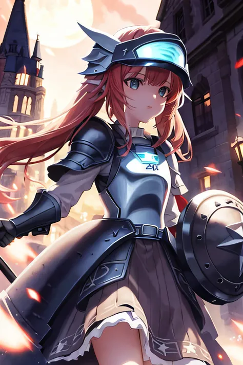 enderLily, 1girl, red hair, twintail, (armor), helmet, visor, lance, holding lance, (holding shield), city, moon, gothic, masterpiece, best quality,