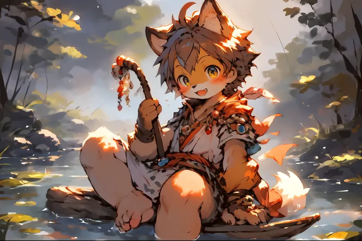 Anime style illustration of fox fishing with fishing rod in river, Cute and detailed digital art, Very very beautiful furry art, Detailed fanart, high-quality wallpaper, dress up as a fisherman 🧥, furry fantasy art, Popular topics on artstation pixiv, High...