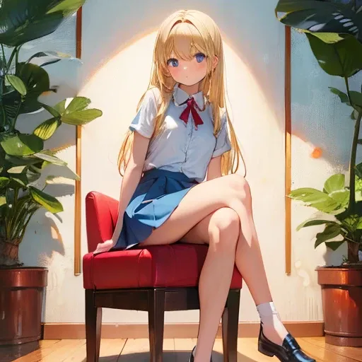 Blonde, long straight hair, light blue skirt, red cheeks, full body portrait, sitting on a chair