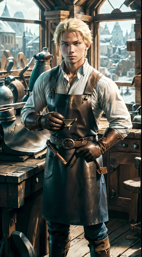 ((solo, three-quarters perspective, blacksmith, young adult, blonde hair, blue eyes, blacksmith apron, white medieval shirt, male, masculine, athletic build, leather gloves)), window, interior