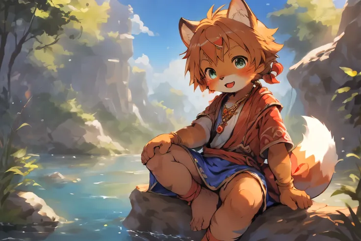 Anime style illustration of fox fishing with fishing rod in river, Cute and detailed digital art, Very very beautiful furry art, Detailed fanart, high-quality wallpaper, dress up as a fisherman 🧥, furry fantasy art, Popular topics on artstation pixiv, High...