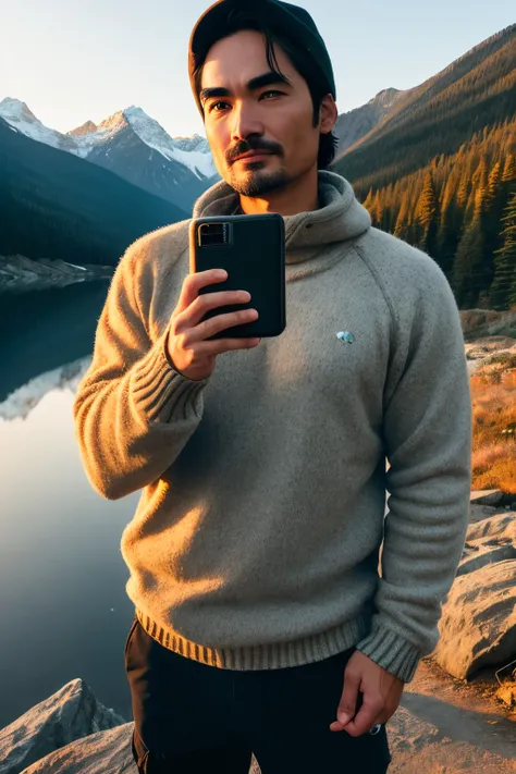 Lee Jin Wook ((upper body selfie, happy)), masterpiece, best quality, ultra-detailed, solo, outdoor, (night), mountains, nature, (stars, moon) cheerful, happy, backpack, sleeping bag, camping stove, water bottle, mountain boots, gloves, sweater, hat, lante...