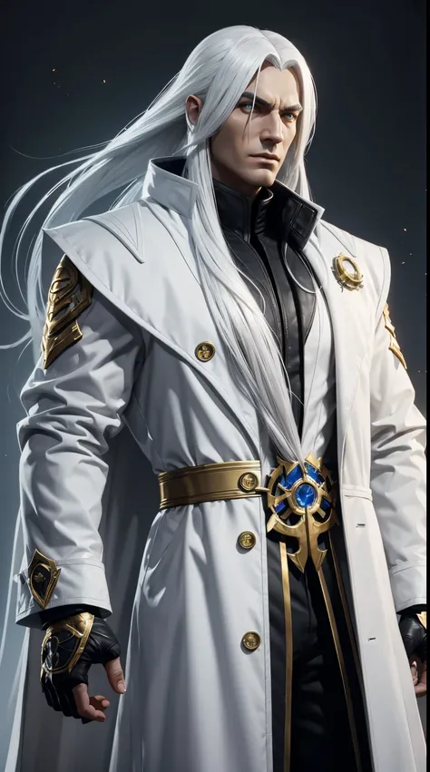 A evil scientist with long white hair wearing a white coat with gold details in mortal kombat 11 style