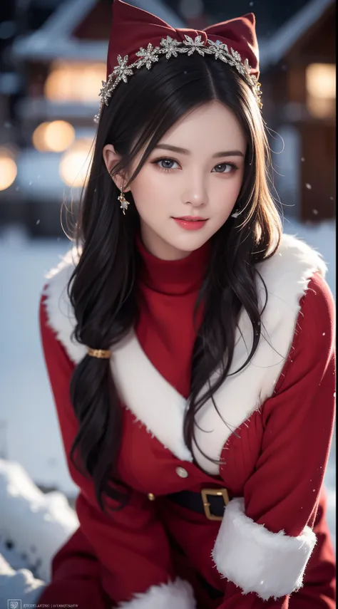 (Aesthetic, High Resolution: 1.2), full-body portrait of a beautiful 20-year-old woman wearing an intricately detailed red boby Santa Claus costume, symmetrical costume structure, bright clear eyes, happy smile, changing hairstyle, falling snow, snow in ha...