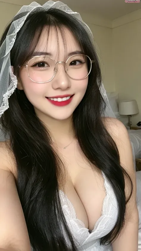 (realistic, high resolution:1.3), 1 girl with perfect figure, smile, glasses, super fine face and eyes, long hair, white lace veil: 1.2 , in bedroom, sit on the bed, big breasts, exposed cleavage