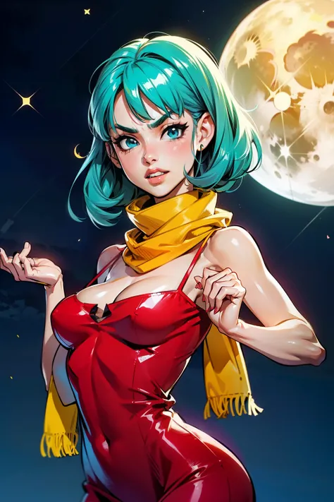 Waifu, masterpiece, curvy, breasts, moon, full moon, gloves, 1girl, clenched teeth, bulma, cleavage, large breasts, teeth, aqua hair, ((small yellow scarf:1.2)), blue eyes, rating:explicit,rule34, hardcore, tits,clenched hands, night, sky, ((red dress:1.4)...