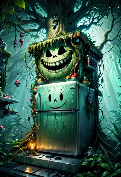 haunted refrigerator grows on tree，(the refrigerator shows an evil smile:1.5)，evil grin smile，magical tree，enchanted tree，the tr...