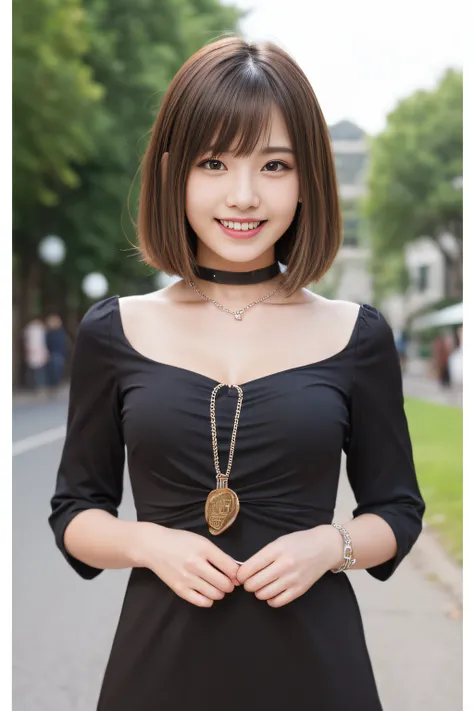 masutepiece, Best Quality, One girl, (Beautiful Girl:1.3), (18 years old:1.2), Very fine eye definition, (Symmetrical eyes:1.3), NSFW, (Mini dress with open chest:1.3), Beautiful breasts, Brown eyes, Parted bangs, Brown hair, Upper teeth、Background outdoor...