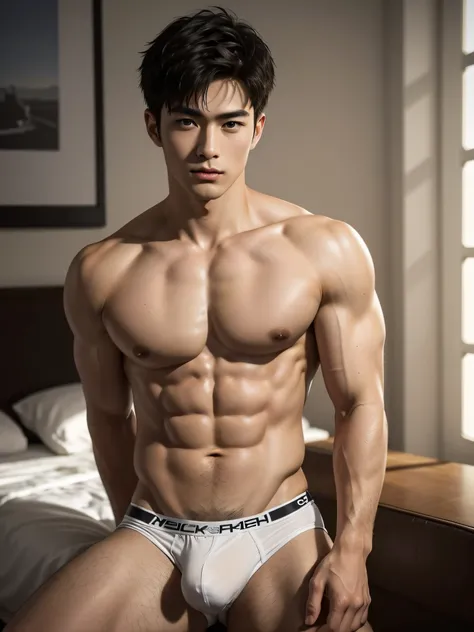 (realistic, detailed:1.2),18-year-old (handsome,attractive),(Japanese:)1.1 guy with (black,)short hair,(wearing:)1.1 tight (white,)briefs underwear. The guys (underwear,tight underwear,briefs,white underwear,)1.1 accentuates his (muscular,toned attractive)...