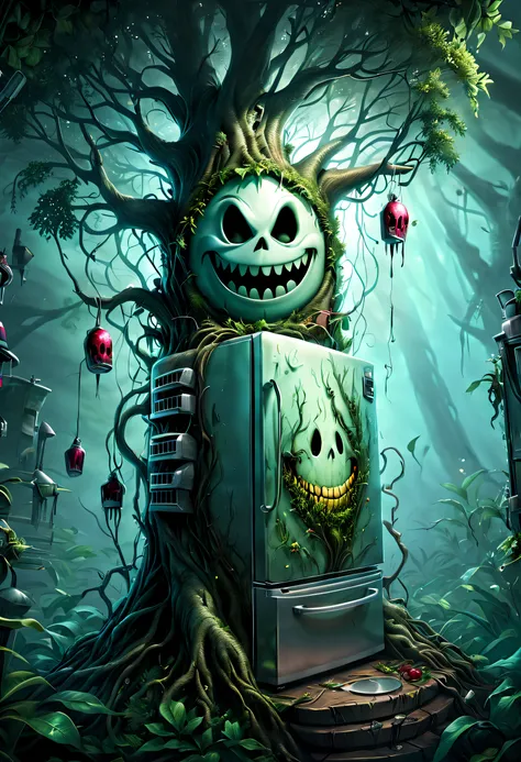 haunted refrigerator grows on tree，(the refrigerator shows an evil smile:1.5)，evil grin smile，magical tree，enchanted tree，the tr...