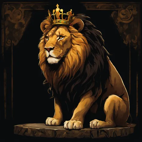 a beautiful lion with a crown on its head, in a standing sovereign position, with a dark black shadow background, with an illustration style done by Gerald Brom, midjourney, 8k.