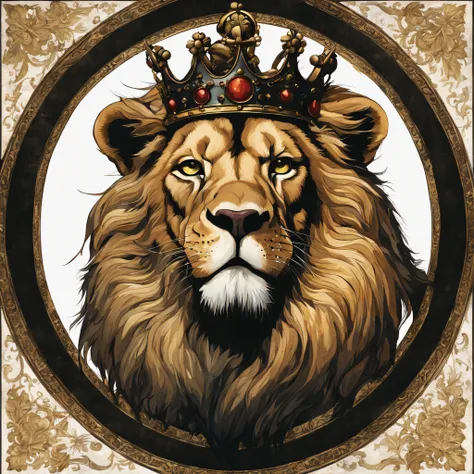 a beautiful lion with a crown on its head, in a standing sovereign position, with a dark black shadow background, with an illustration style done by Gerald Brom, midjourney, 8k.