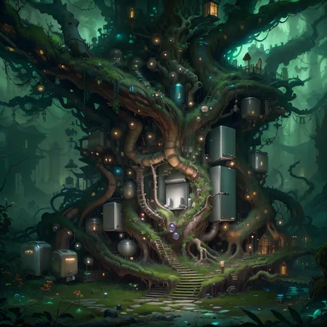 Refrigerators grow on trees，(The refrigerator shows a strange smile:1.5)，evil grin smile，Magical tree，enchanted tree，The tree is covered with kitchen utensils，Epic surreal art style,epic gothic art style,Epic digital fantasy illustrations,epic mythology ar...