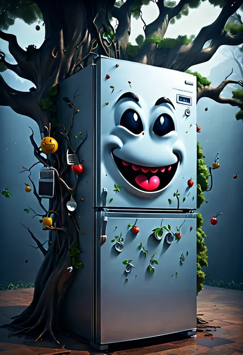 Refrigerators grow on trees，(The refrigerator shows a strange smile:1.5)，evil grin smile，Magical tree，enchanted tree，The tree is covered with kitchen utensils，