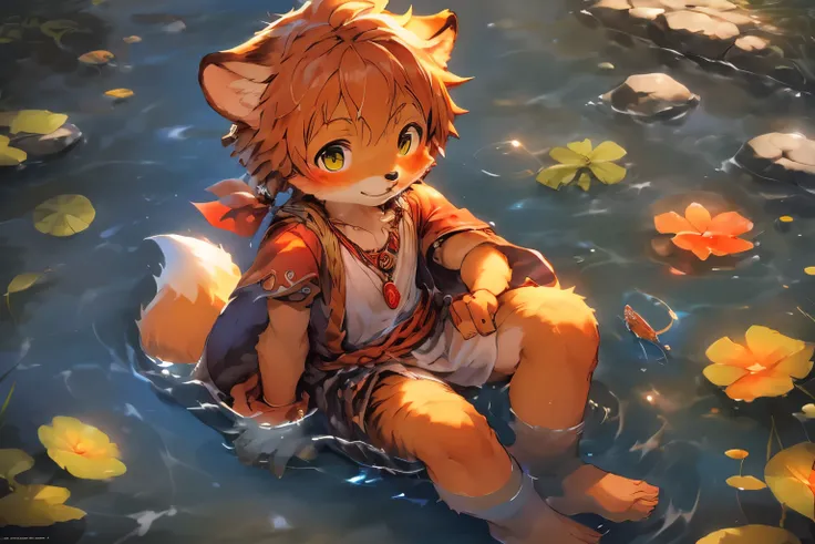 Anime style illustration of fox fishing with fishing rod in river, Cute and detailed digital art, Very very beautiful furry art, Detailed fanart, high-quality wallpaper, dress up as a fisherman 🧥, furry fantasy art, Popular topics on artstation pixiv, High...