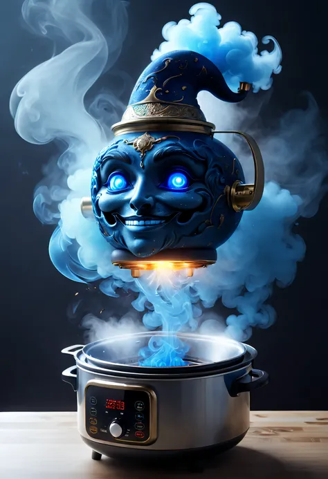 (Best quality,4K,8K,A high resolution,tmasterpiece:1.2),ultra - detailed,Mysterious blue smoke comes out of AI rice cooker,Transparent witch head formed from blue smoke,Inspired by One Thousand and One Nights,inspired by aladdin&#39;s magic lamp,Kitchen ba...