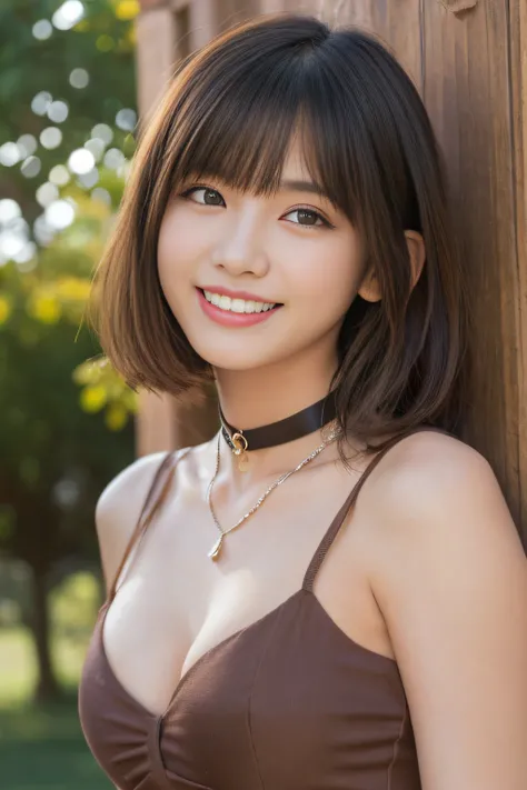 masutepiece, Best Quality, One girl, (Beautiful Girl:1.3), (18 years old:1.2), Very fine eye definition, (Symmetrical eyes:1.3), NSFW, (Mini dress with open chest:1.3), Beautiful breasts, Brown eyes, Parted bangs, Brown hair, Upper teeth、Background outdoor...