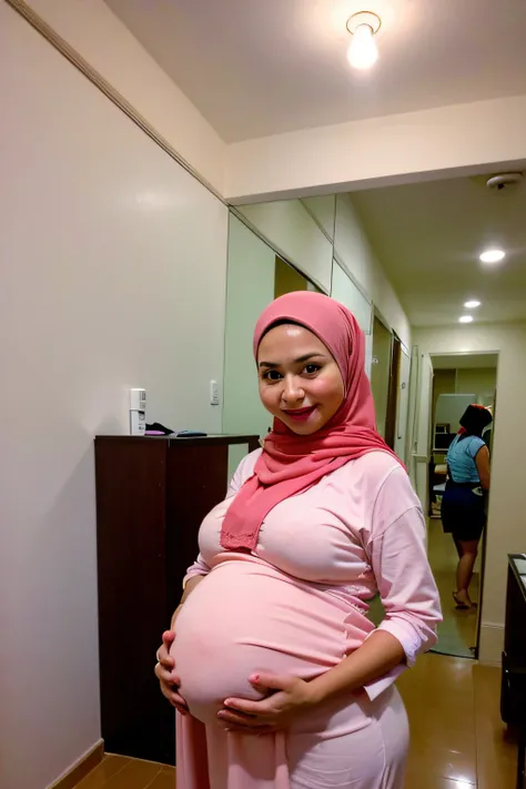 1 malay girl , (modern plain cream hijab) , smile, medium portrait shot , watery  eyes ,  (( gamis malay )),  ((bra)),white modern hotel bedroom background, bright front light, breast grab pose, ((big tits:1.5)) , ((huge pregnant:1.2)) , ((excessive cum:1....