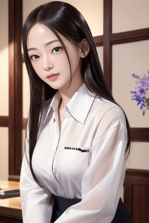 超A high resolution、​masterpiece、top-quality、
extra detailed face、A detailed eye、Very complex and、perfect glossy shiny skins、Perfect litthing、Detailed Lighting、Dramatic shadows、光线追踪、
1 girl in、The upper part of the body、Counter Staff Uniforms、looking at the...