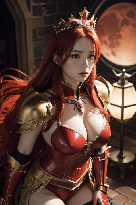 Female , red hair , Large breasts，red armor panty，tiara crown，dramatics , in the red moon ,