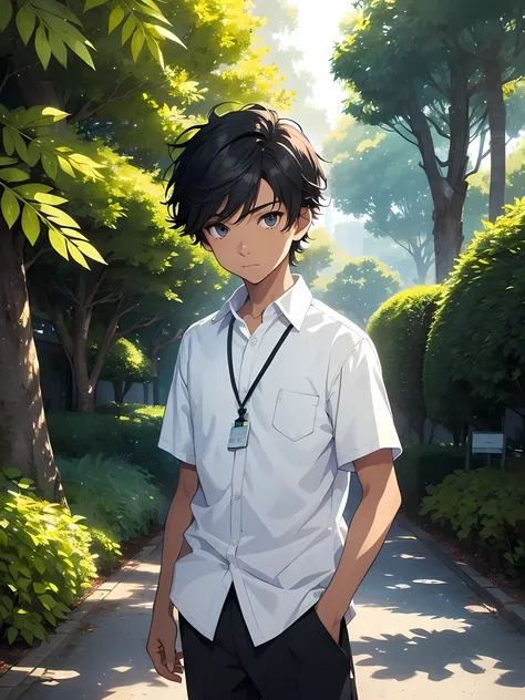 1boy, young male, age 12, solo, detailed eyes, light skin, against the light masterpiece, (UntuckedShirt:1.2), student, White shirt, short sleeves, long black pants, wearing lanyard, full body, park, nature park, anime, line art anime