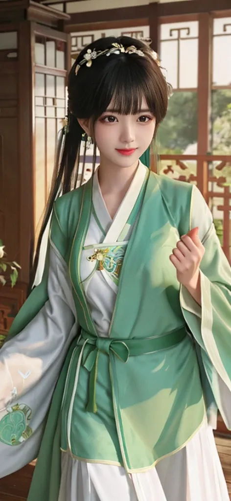 One of them is wearing a green skirt、Cartoon image of woman holding fan, closeup portrait, 宮 ，Chinese furniture， A girl in Hanfu, floating robe,wearing a long flowing robe, floating robe, Inspired by Qiu Ying, Ancient Chinese maid, ((wearing aristocrat rob...