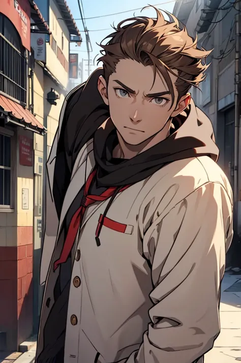 pale man, male, gray eyes, sunlight, brown hair, school Outfit, pretty, highly detailed, annoying face, cinematic, epic, anime style