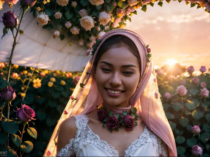 ((((Depth of field))),((((Sunset backlit),((Slim body)))),malay girl with very long white hijab, 20 years old, twilight rays, modest lace wedding dress, flower crown, (((Rose tunnel))), rose front blur, bokeh, photorealistic, surrounded by colorful roses, ...