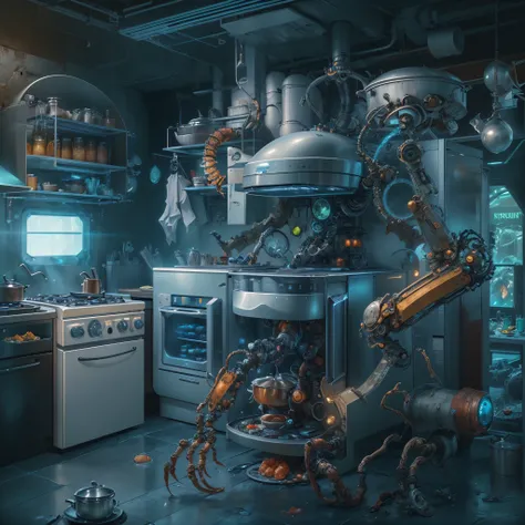 (Futuristic kitchen,Refrigerator with robotic arm,Mechanical joint，Refrigerator robotic arm is creating delicious meals，Epic surreal art style,Epic sci-fi art style,Epic digital fantasy illustrations,epic mythology art style,Epic futuristic art style,steam...