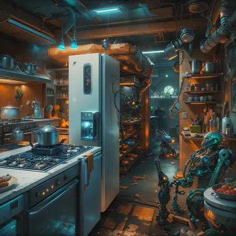 (Futuristic kitchen,Refrigerator with robotic arm,Mechanical joint，Refrigerator robotic arm is creating delicious meals，Epic surreal art style,Epic sci-fi art style,Epic digital fantasy illustrations,epic mythology art style,Epic futuristic art style,steam...