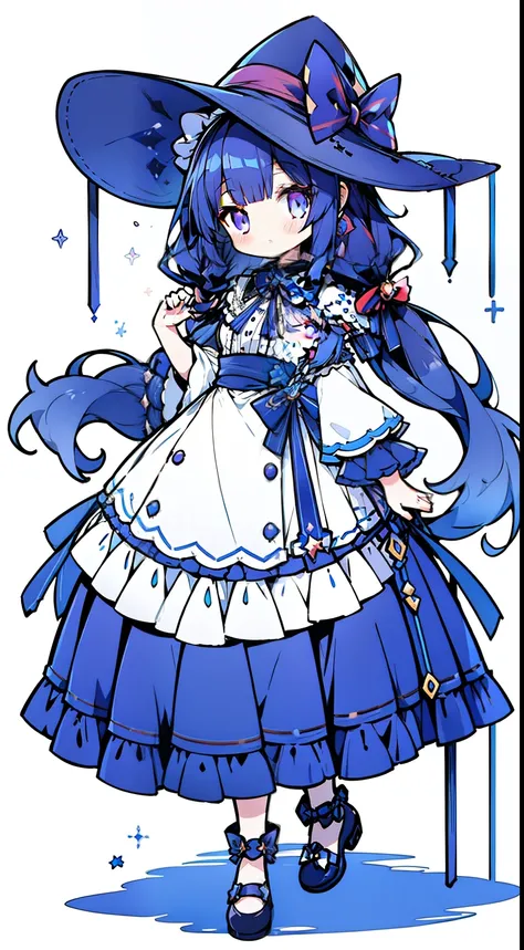 full body Esbian、Standing picture、One girl、​masterpiece、top-quality、Top image quality、dark blue hair、purple eyes、Twin-tailed、low twintails、summer hat、a wide-brimmed hat、summer  dress、White summer dress、ren、Summer background