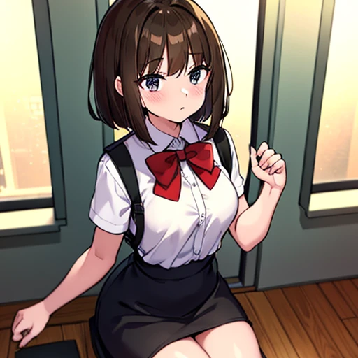 Two students, short straight hair, light brown hair, white blouse, black skirt, red bow ribbon on the chest, sitting on the floor, blushing, classroom,