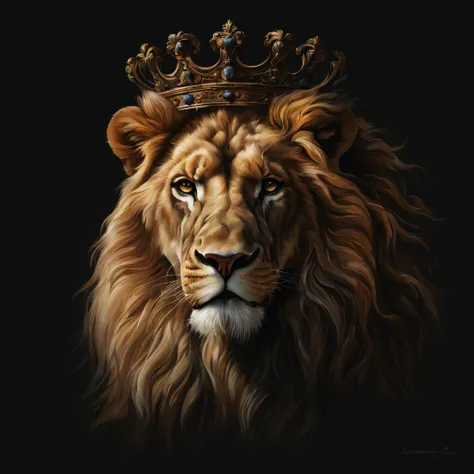 a beautiful lion with a crown on its head, in a standing sovereign position, with a dark shadowy black background, with a painti...