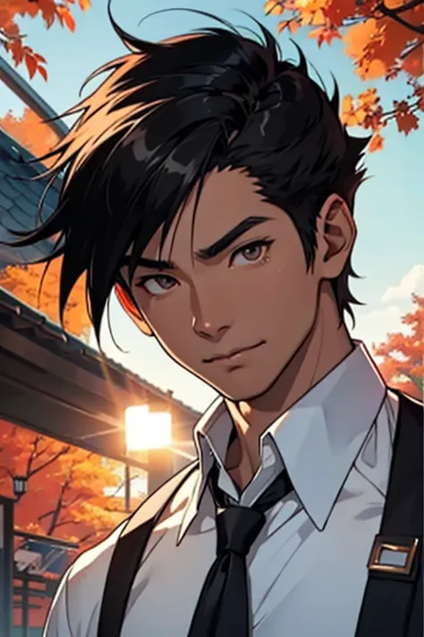 tan asian man, male, hazel eyes, sunlight, black hair, school Outfit, pretty, highly detailed, cinematic, epic, anime style