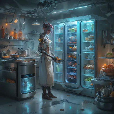 (Futuristic kitchen,Transparent digital anthropomorphic refrigerator,Mechanical joint，Refrigerator robotic arm is creating delicious meals，Epic surreal art style,Epic sci-fi art style,Epic digital fantasy illustrations,epic mythology art style,Epic futuris...