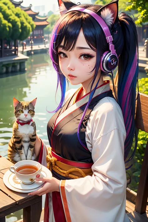 Muppet cat，rainbow hair, pony tails, hair pin, shairband, hair pin, maid headdress, goggles, Moles under the eyes, heart - shaped pupils, headphones with cat ears, boring，Long hair（Plate up），wearing a hanfu，In Chinese style garden background，Tea，Lateral fa...