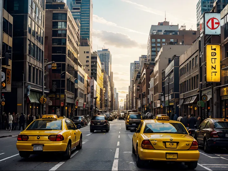 A bustling urban street scene at rush hour in a huge in a continuous, single-shot setting, echoing the visual style of Birdman, featuring yellow taxi cabs, style raw