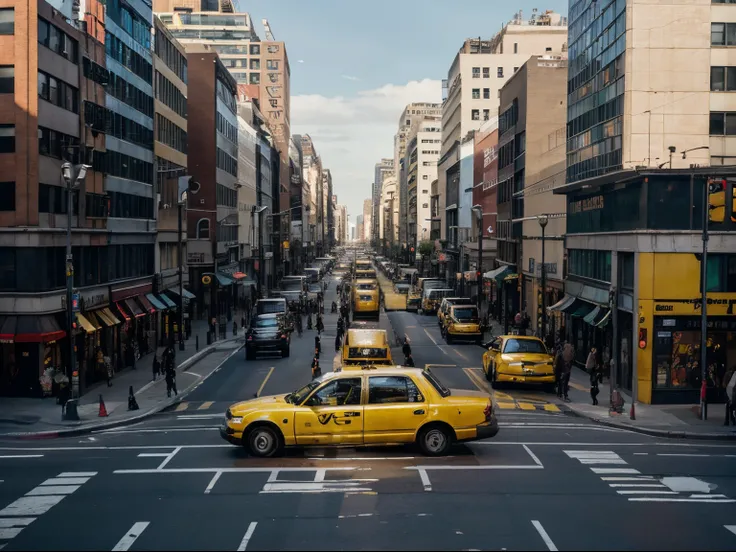 A bustling urban street scene at rush hour in a huge in a continuous, single-shot setting, echoing the visual style of Birdman, featuring yellow taxi cabs, style raw