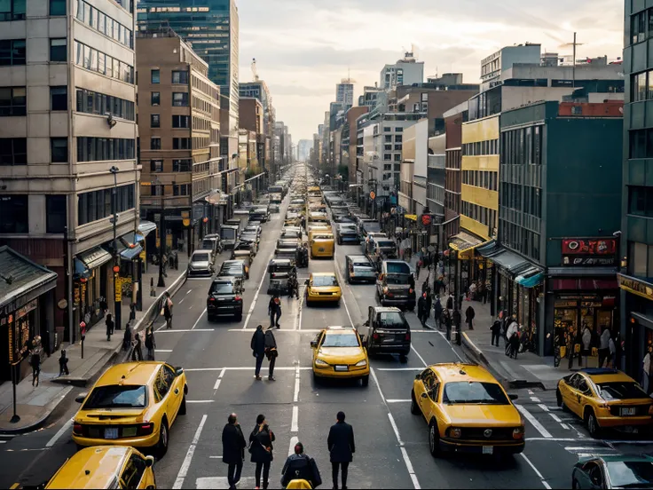 A bustling urban street scene at rush hour in a huge in a continuous, single-shot setting, echoing the visual style of Birdman, featuring yellow taxi cabs, style raw