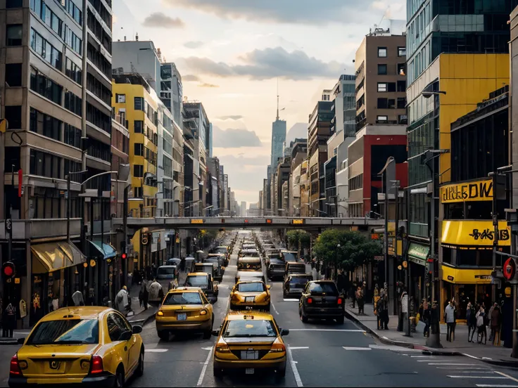 A bustling urban street scene at rush hour in a huge in a continuous, single-shot setting, echoing the visual style of Birdman, featuring yellow taxi cabs, style raw