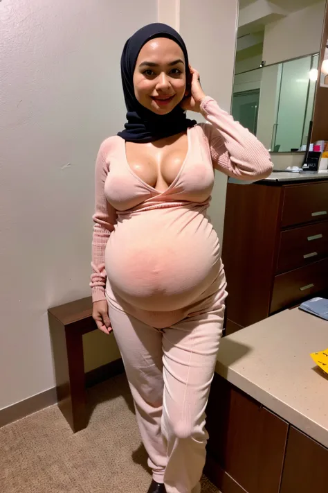 1 malay girl , (modern plain cream hijab) , smile, medium portrait shot , watery  eyes , wear sweater ,((black lingerie pants )), white modern hotel bedroom background, bright front light, breast grab pose, ((big tits:1.5)) , ((huge pregnant:1.2)) , ((exce...