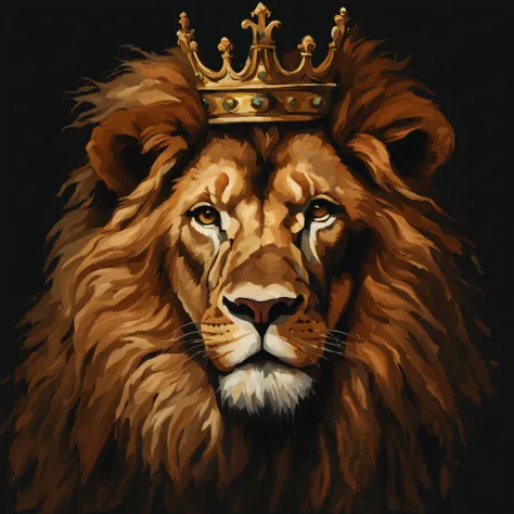 a beautiful lion with a crown on its head, in a standing sovereign position, with a shadowy black background, with a painting style done by Guido Borelli from Caluso, midjourney, 8k.