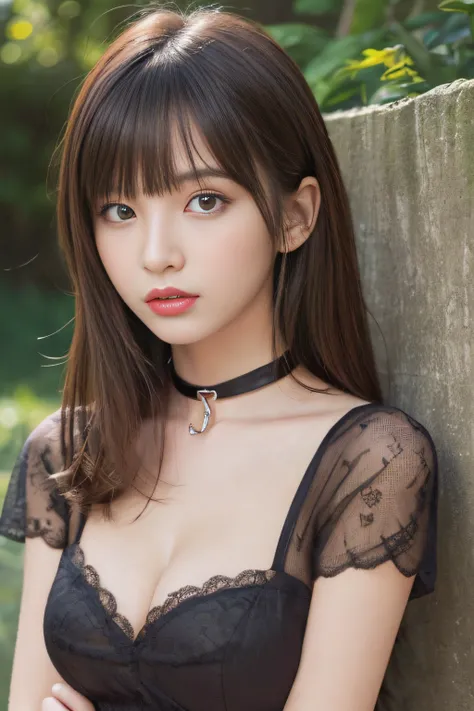 masutepiece, Best Quality, One girl, (Beautiful Girl:1.3), (20 years old:1.2), Very fine eye definition, (Symmetrical eyes:1.3), NSFW, (Highly detailed mini dress with open neckline:1.3), Beautiful breasts, Brown eyes, Parted bangs, Brown hair,Background o...