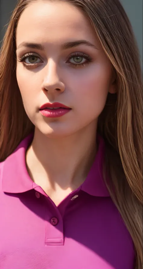 tiktok photo of 37 years old woman, closeup, RAW, masterpiece, realistic, hyper realistic, muted color, film grain, 
looking at viewer, polos pastel perfection looking 80s casual soft collars, fascinating, 
wearing Magenta dress flower,